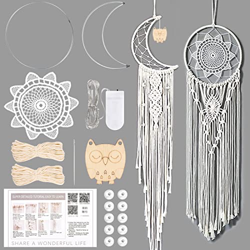 Vaipi 2Pcs Macrame Kits Diy Craft Kits Wall Hanging Supplies For Adults Beginners 2 In 1 Macrame Dream Catcher Kits Owl Moon Pendant With Macrame Cord & Instruction Video For Kid, Friend #TOP6