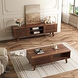 MAISONARIA Living Room Table Sets of 2, Mid Century Coffee Table & Dresser TV Stand, Sliding Door Coffee Table with Storage, Modern TV Stand for Bedroom, Living Room, Walnut