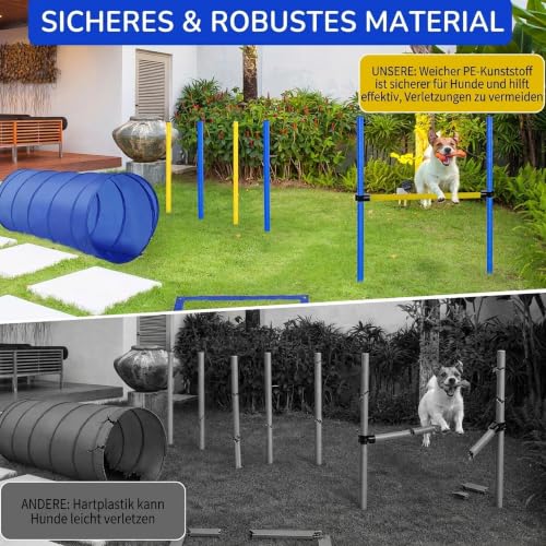PawHut Agility Set Hunde 5-Teiliges mit Hundetunnel 4 Slalomstangen Hürden