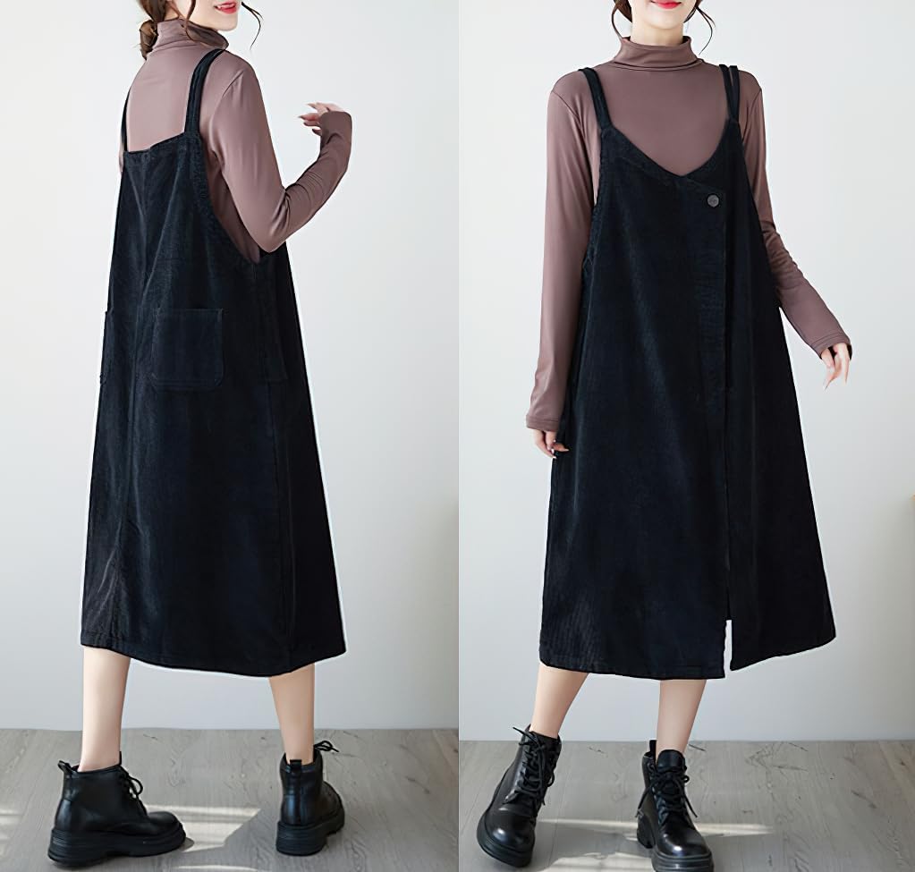chouyatou Women's Loose Corduroy Spaghetti Strap Overall Dress A Line Flare Pinafore Midi Jumper Dress - Image 6
