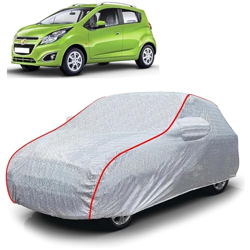 Image of Sulfar 100% Waterproof Car Body Cover Compatible with Mirror for Chevrolet Beat (Triple Stitched, Full Bottom Elastic, Magic Silver with Red Piping)