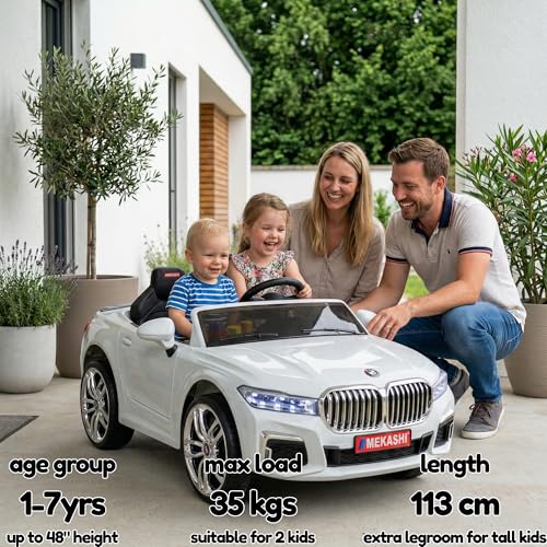 Image of MEKASHI Electric Ride-On Car for Kids 1-7 Years, 12V Battery, Remote Control, 5 Speed, LED Lights, Bluetooth, White