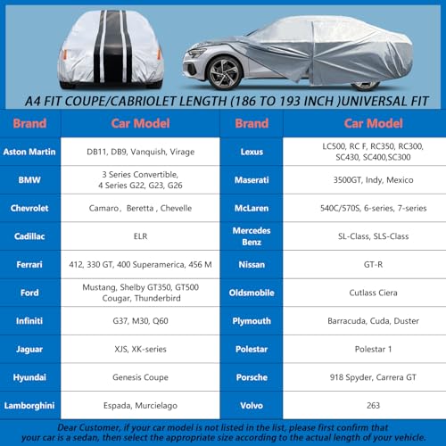 Image of 10-Layer Car Cover Waterproof All Weather for Automobiles, Outdoor Full Cover Snow Sun UV Protection Custom Fit Ford Mustang, Chevy Camaro XK,BMW 3 Series, A4 Length 186-193 inch
