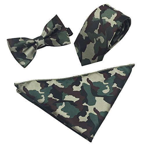Ainow Mens Fashion Polyster Skinny Neck ties and Bowtie Pocket Square 3pcs Set (Dark Green Camouflage)