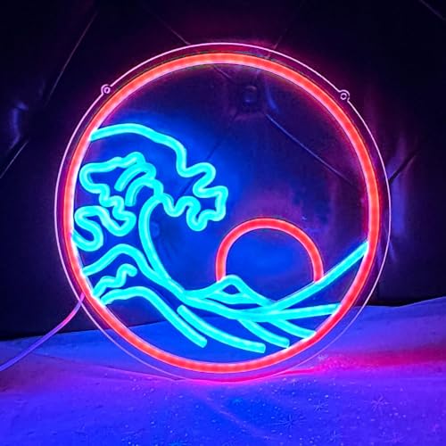 Image of Sunset Sunrise Neon Sign Dimmable Sun On the Sea Neon Light for Wall Decor Wave Neon Signs Room Decor Bedroom for Men Cave Office Bar Birthday Party Christmas(Blue Red)
