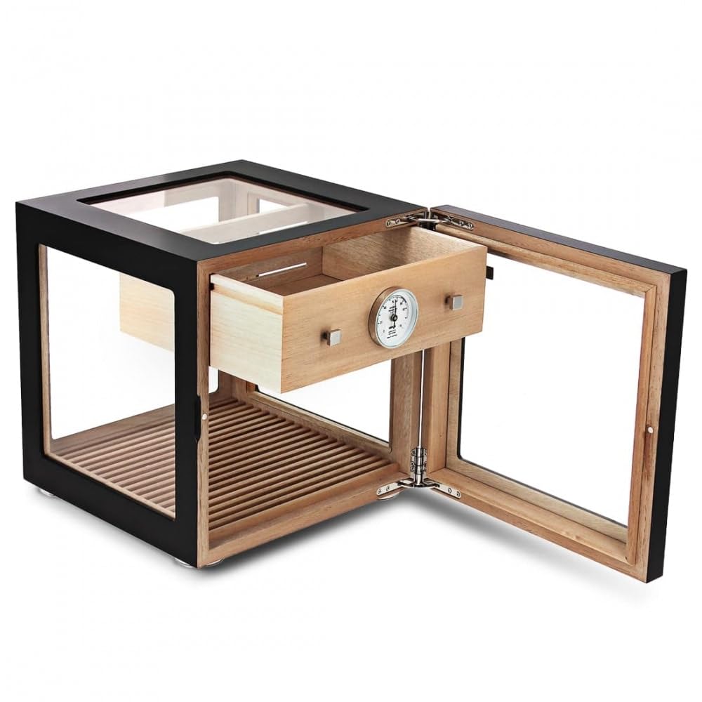 Adorini Cube Deluxe Noir - cèdre Espagnol Bois Humidor jusqu'à 100 Cigares avec Les Cheveux hygromètre et système Humidification