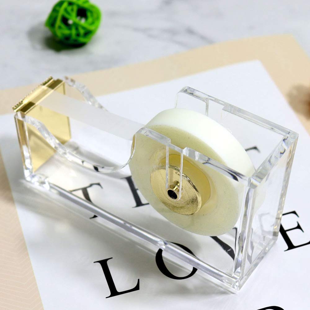 Distributore di nastro adesivo acrilico trasparente, Taglierina per nastro adesivo, Cancelleria da tavolo, Antiscivolo, Facile da usare, 12x6.5x3.5 cm, 210g, Oro 1pc