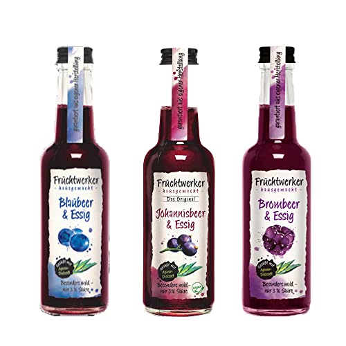 Fruchtwerker Essig und Frucht Set I Verschiedene Sorten I Fruchtig I Fruchtessig I Essig-Set I Rein Pflanzlich I Süß I In Glasflaschen (Blaubeere + Johannisbeere + Brombeere)