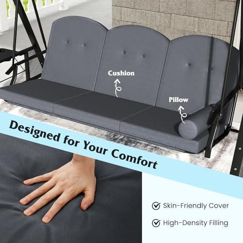 Image of Tangkula 3 Person Porch Swing, Outdoor Swing with Adjustable Canopy, Thickened Cushions & Pillow, Metal Frame, Foldable Side Tray for Backyard, Garden and Poolside (Grey)
