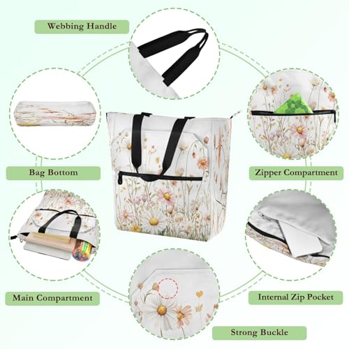 Watercolor Wildflower Tote Bag,Large Capacity Handbag with Zipper Perfect for School,Travel,Shopping3