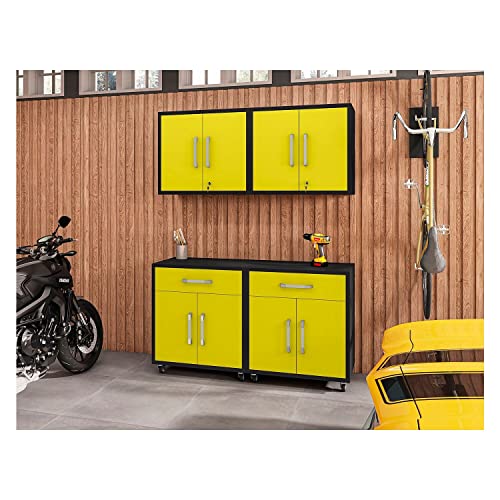 Image of Manhattan Comfort Eiffel Garage Cabinets and Storage System, Set of 4, Matte Black and Yellow