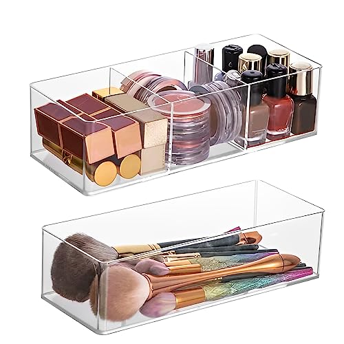 KARBAG Set of 2 Cosmetic Drawer Organiser, 3-Compartment & 1-Compartment Acrylic Makeup Organizer Stackable Cosmetic Organiser Makeup Organiser Tray Cosmetic Storage for Eyeshadow, Cosmetic, Lipstick