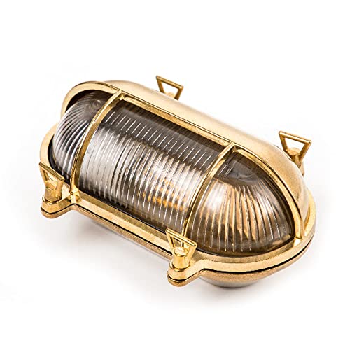 Image of Sunluck Brass Nautical Bulkhead Light,Grid Oval Wall Light,Brass Half Cover Lampshade,Ceiling Mount Light,Waterproof IP65,Rust Resistant,for Wet Location Bath,Seaside,Ship,Basement