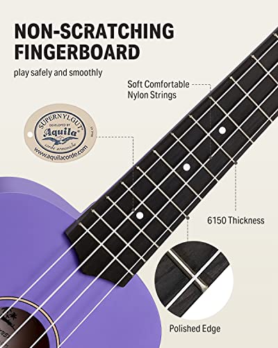 Image of Donner Soprano Ukulele for Beginner 21 Inch Matte Ukulele Beginner Kit with Bag Strap Tuner Strings Picks Cloth, Free Online Lessons (Purple)