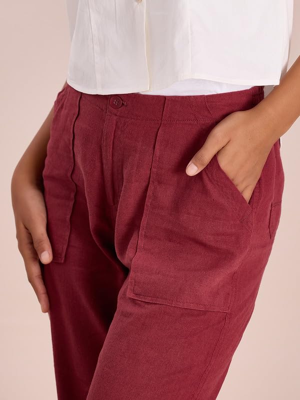 Image of GO COLORS Solid Linen Cargo Pants for Women | Full Length, Mid Rise, Side Pockets