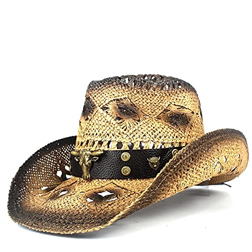 PRDECE Western Cowboy Hut 100% Stroh Damen Herren HollowLady Leder Punk Marke Sombrero Hombre Strand Cowgirl Jazz Sonnenhut Größe 56-58 cm, coffee, One size, 4600AWKRD0515K5CW Cover