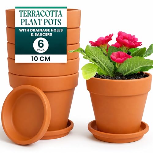 Green Thumbz Clay Pots for Plants with Saucer - 10cm x 6 Pack Large Terracotta Plant Pots with Drainage Hole Ceramic Pots for Plants for Indoor/Outdoor Use