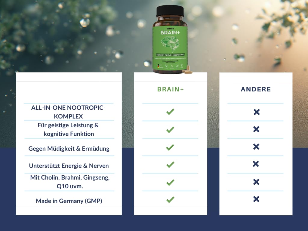 BRAIN+ Fokus & Gedächtnis Komplex - Vitamin B5 für geistige Leistung, Zink für kognitive Funktion, B12 gegen Müdigkeit - mit Cholin, Ginkgo & Ginseng - 90 vegane Kapseln, Made in Germany