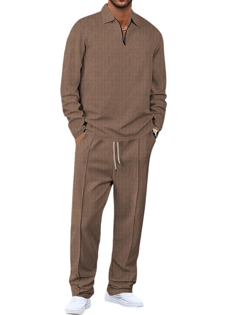 Men’s Waffle-Check Co-Ord Set | Self-Textured Collar Top | Drawstring Jogger Pants | Cotton-Blend Loungewear/Night-Suit | Casual Travel & Streetwear Two-Piece