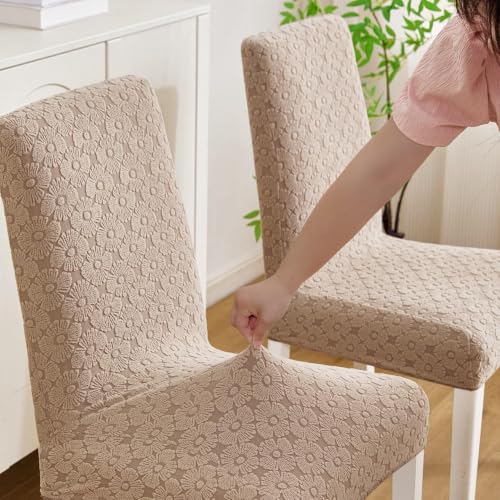 Image of HOMETHREADS Elastic Jacquard Chair Cover Stretch Removable Washable Short Dining Chair Cover Protector Seat Slipcover (D.Khaki, Pack of 2)