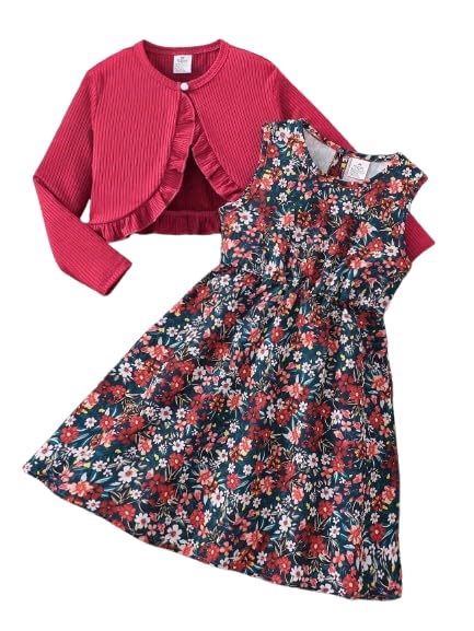 Image of Niren Enterprise Girl's Cotton Jacket Pair Floral Printed Sleeveless Dress