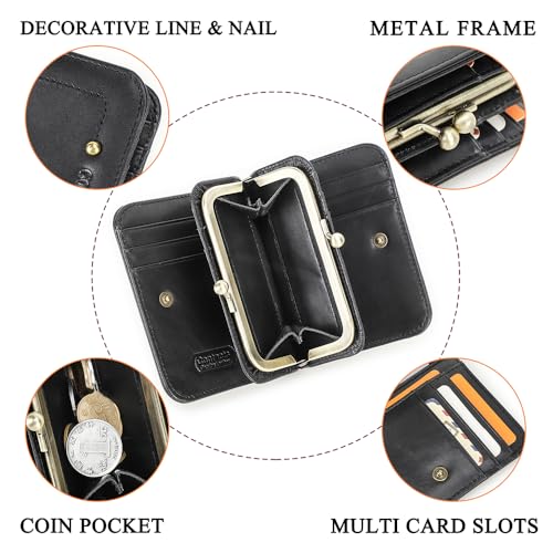 CONTACTS Full Grain Leather Kiss Lock Wallet for Women Vintage Coin Purse Small Bifold Card Holder RFID Blocking with 16 Card Slot (Black)4