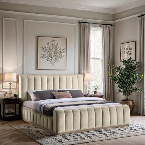 Image of Meridian Furniture AmaraCream-K Collection Modern | Contemporary King Bed, Ultra Luxe Cream 460 GSM Velvet, Natural Finish, Solid Wood Base and Inner Frame, 82.5 inch W x 99 inch D x 51 inch H, Cream, King