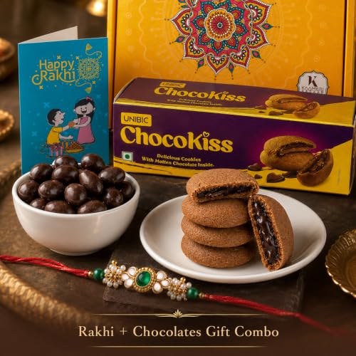Image of Kaameri Bazaar Premium Rakhi Gift Combo for Brother & Bhabhi with Rakhi, Lumba Bracelet, ChocoKiss Cookies 75g, Trail Mix 35g, Choco Coated Almonds 35g, Roli Chawal, Greeting Card & Gift Box