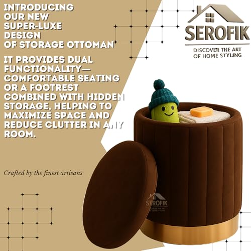 Image of Ottoman Stool with Storage, Round Dutch Velvet Cover Memory Foam Padded 32L Capacity Ottoman Bench Footrest, Pouffe, Office Stool, Makeup Chair, Vanity Chair for Living Room, Bedroom