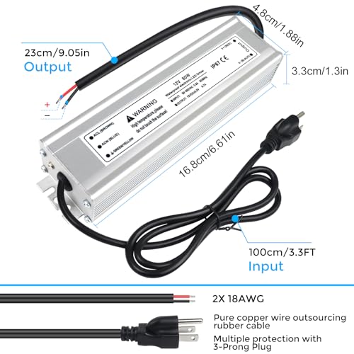 Image of LightingWill LED Driver 80 Watts Waterproof IP67 Power Supply Transformer, 90-265V AC to 12V DC Low Voltage Output, Adapter with 3-Prong Plug 3.3 Feet Cable for Outdoor Use, Computer Project