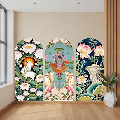 Image of Radha Krishna Wall Poster 3 Panel Set with Cow & Lotus Design | Traditional Arch Shape Wall Decor | Waterproof Self Adhesive PVC Wall Decal for Home Temple Living Room