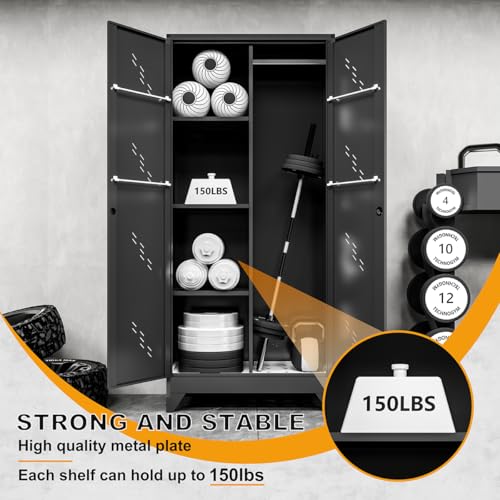 Metal Storage Cabinet, 71" Garage Storage Cabinets with Doors and Shelves, Large Storage Cabinet Bottom with Hole Structure, Tool Cabinets for Office,Home,Garage,School(Black)