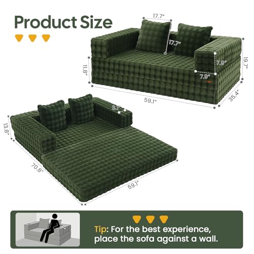 Image of COMAX Futon Sofa Bed, 4‑in‑1 Convertible Sofa Bed, Folding Boneless Couches | Boneless Couch for living room, Fold Out Small Foldable Loveseat Floor Sleeper Mattress Lounge Space‑Saving, Classic Green
