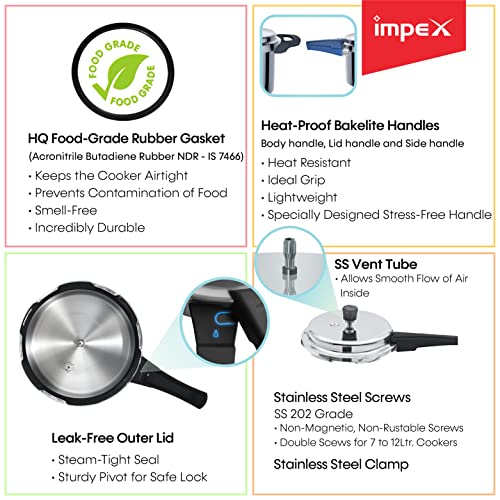 Image of Impex 5 Litre Pressure Cooker Induction base with Outer Lid, Pressure Cooker With Quick and Even Heating, Virgin Grade Aluminium Pressure Cooker, 5 Years Warranty (Silver) (Induction Base, 5 Litres)