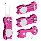 PATIKIL Golf Divot Repair Tool, 4er Pack Faltbares Metall Golf Green Divot Tool mit Magnetischem Ballmarker & Edelstahl-Gabel für Golfer, Fuchsia