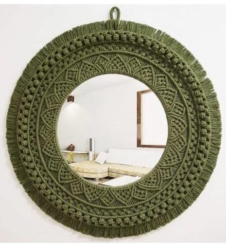 Image of Handmade Cotton Macrame Wall Hanging Glass Mirror with Boho Fringes, Bohemian Art Decorative Aina for Make-Up, Living Room, Bedroom (Green)