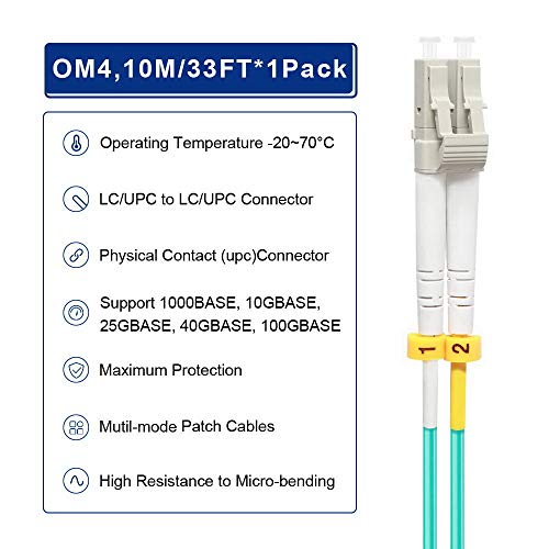 Image of OM4 LC to LC Fiber Cable, 10M /33ft Multimode Duplex 50 /125um LSZH 40GB /100GB Cable, Length: 0.2m-100m, 4pack