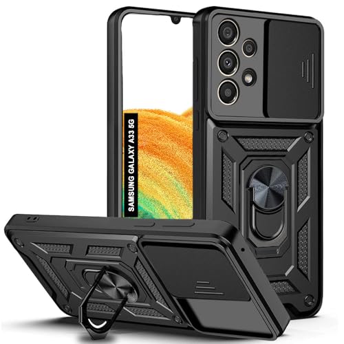 Image of AESTMO Tough Armor Samsung Galaxy A33 5G Bumper Back Case Cover | Ring Holder & Sliding Camera Shield Cover | 360 Degree Protection Back Case Cover for Samsung Galaxy A33 (Black)