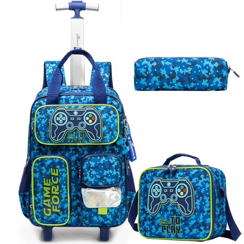 ZBAOGTW Mochila com rodinhas para meninas de 8 a 12 anos com rodas para meninos escolares, Jogo preto, 1 x 11.8 x 16.5 inches