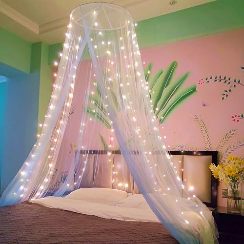 Image of Two-Tone Bed Canopy Mosquito Net, Bed Canopy for Girls Room Decor - Insect Protection Hanging Canopy for Indoor(White+Blue,with 250pcs Warm Lights)