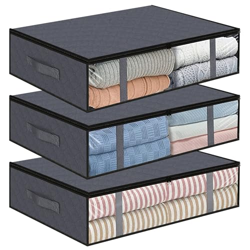 Staranry 3 Stück 40L Aufbewahrungstasche, Unterbett Aufbewahrungsbox, Faltbare Unterbettkommode,zum Organisieren Kissen Kleidung Decken Bettdecken für Kleider Unterbett Kleiderschrank, Grau
