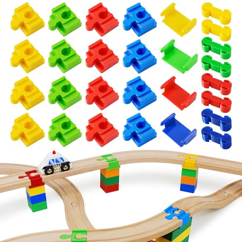 Holzeisenbahn Schienen Adapter - 28 Stück Holzeisenbahn Verbinde Eisenbahn Holz Zubehör Schienenverbinder aus Kunststoff Spielzeug Zubehör für Kinder im Alter Von 3-7