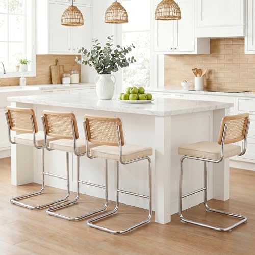 Image of Zesthouse Natural Rattan Counter Stools Set of 4, 26 inch Modern Counter Height Barstools, Thick Linen Bar Stools with Solid Wood Back, Mid Century Cantilever Bar Chairs for Kitchen Island Beige Yellowish