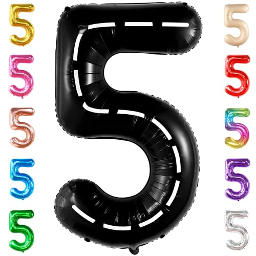 Image of KatchOn, Number 5 Race Car Black Balloon - Giant 40 Inch, Party Supplies, Hotwheel Birthday Decorations, Unisex, All Ages, 3 Pieces | Hotwheel Birthday Decorations, Unisex, All Ages, 5th Birthday Decorations for Boys, 5 Happy Anniversary Decorations