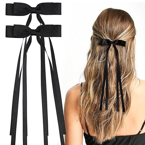 VOBOBE 2PCS Hair Bows for Women Girls Tassel Ribbon Bowknot Hair Clips Barrettes for Girl with Small Long Tail Solid Satin Hair Accessories (Black-Glitter)