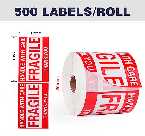 Image of 4 x 6 Inch Fragile Stickers Handle with Care 500 Permanent Adhesive Fragile Stickers for Shipping Moving Glass Fragile Labels (1 Roll, 500 Labels)