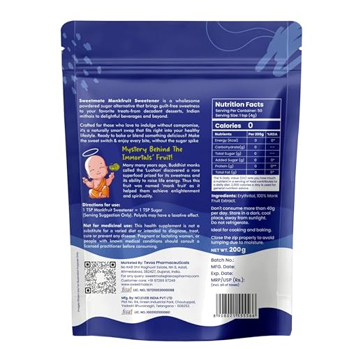 Image of Sweetmate Monk Fruit Natural Sweetener - 200g | 1:1 Sugar Substitute | Zero Calorie, Keto & Diabetic Friendly | Plant-Based Sugar Alternative for Cooking, Baking & Beverages