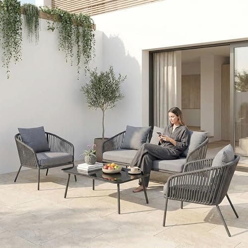 Image of Amazon Brand - Solimo Solix Outdoor Rope Sofa Set | Balcony Sofa | Patio Conversation Sets | Braided Rope Garden Sofa Set and Center Table (5 Seater-Grey)
