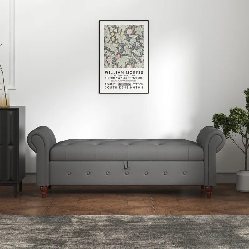 Image of LEGACY OF COMFORT F4 Velvet Upholstered Storage Bench Sofa Bench Sofa couches Rolled Arm Window Bench Ottoman Bench 2 Seater Sofa Chaise Lounger or Living Room Bedroom Office (Grey Velvet)