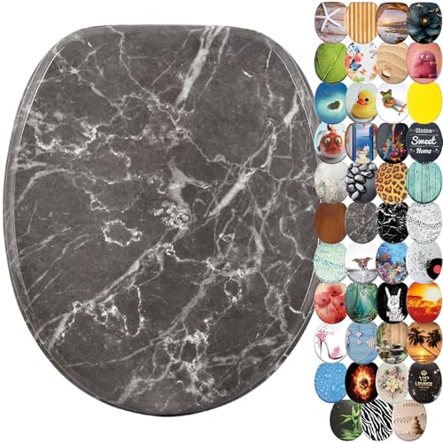 Sanilo WC Sitz mit Absenkautomatik & Schnellverschluss, Toilettendeckel per Knopfdruck abnehmbar, einfache Montage von oben (Marmor Grau)